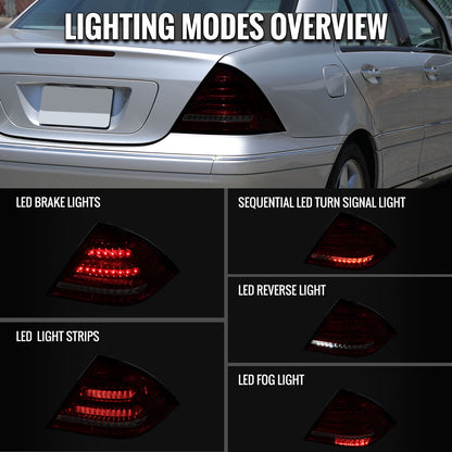 Ronnin - Fits 2001-2004 Mercedes-Benz C-Class W203 C230 C280 C320 US Spec Sedan Upgrade Full LED Tail Lights Assembly  Pair | Smoky Red