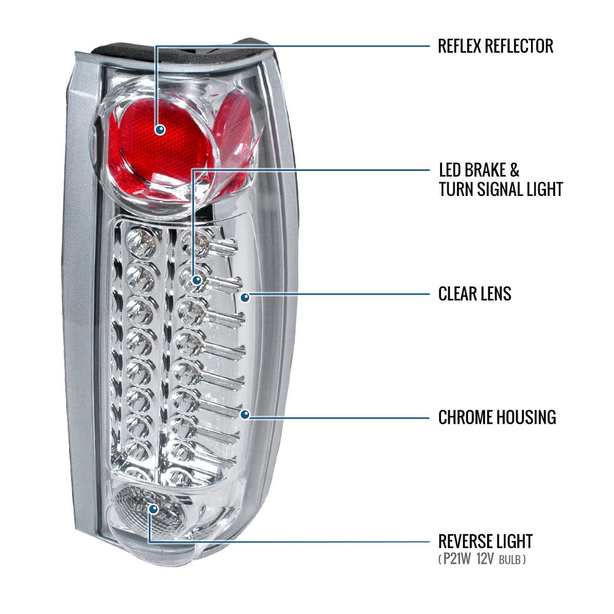Ronnin - Fits 1988-2000 Chevy GMC C/K C10 Silverado Blazer Tahoe Cadillac Escalade LED Integrated Brake and Turn Signals Tail Lights Assembly Pair | Chrome