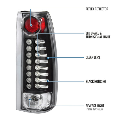Ronnin - Fits 1988-2000 Chevy GMC C/K C10 Silverado Blazer Tahoe Cadillac Escalade LED Integrated Brake and Turn Signals Tail Lights Assembly Pair | Black