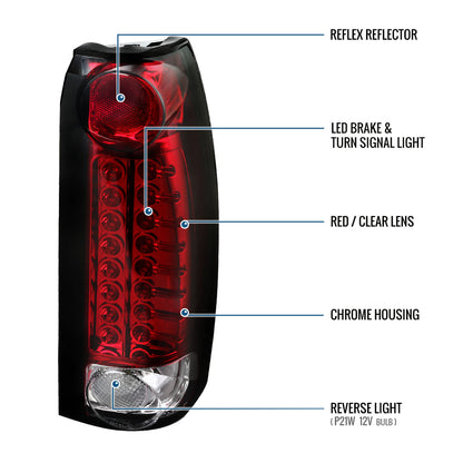 Ronnin - Fits 1988-2000 Chevy GMC C/K C10 Silverado Blazer Tahoe Cadillac Escalade LED Integrated Brake and Turn Signals Tail Lights Assembly Pair | Red