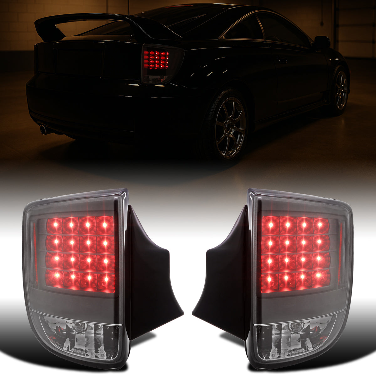 Ronnin - Compatible con luces traseras LED de ensamblaje de mejora de intermitentes integrados y luces de freno par | Negro para Toyota Celica 2000-2005