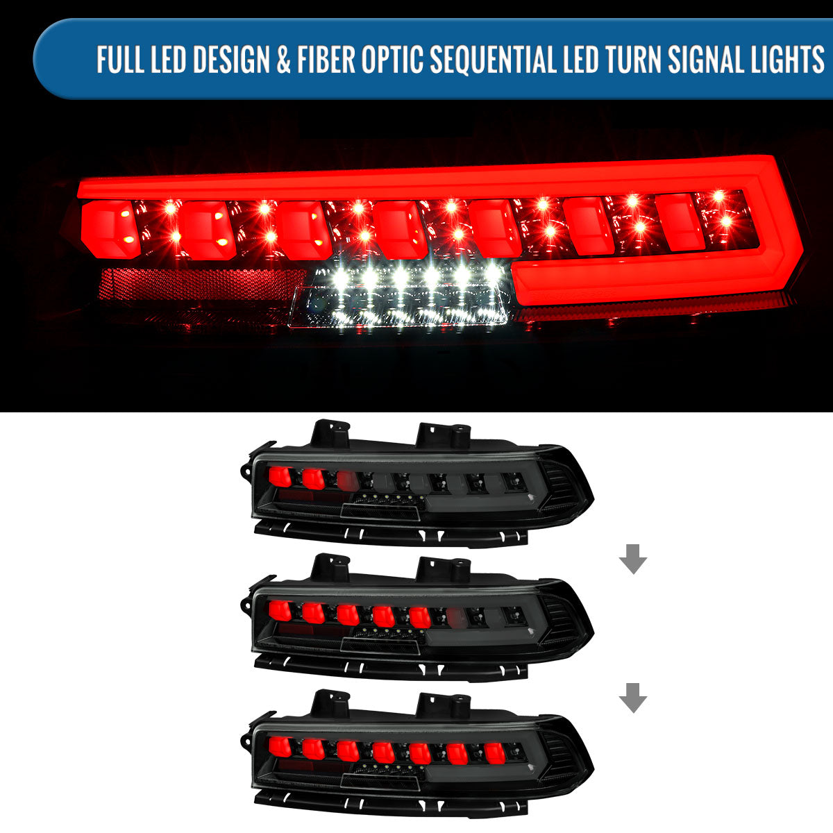 Ronnin - Se adapta a Chevy Camaro 2014-2015 Ensamblaje de luces traseras con intermitentes secuenciales LED completos | Par Negro Ahumado