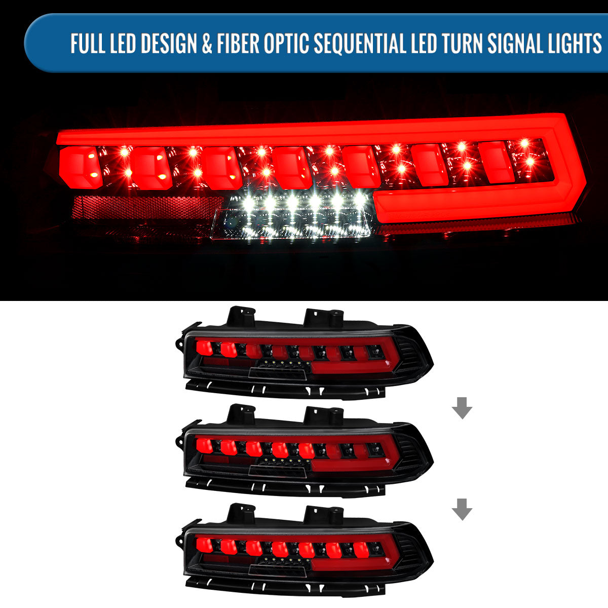 Ronnin - Compatible con Chevy Camaro 2014-2015, actualización LED completa, intermitentes secuenciales, montaje de luces traseras (par) | Negro brillante