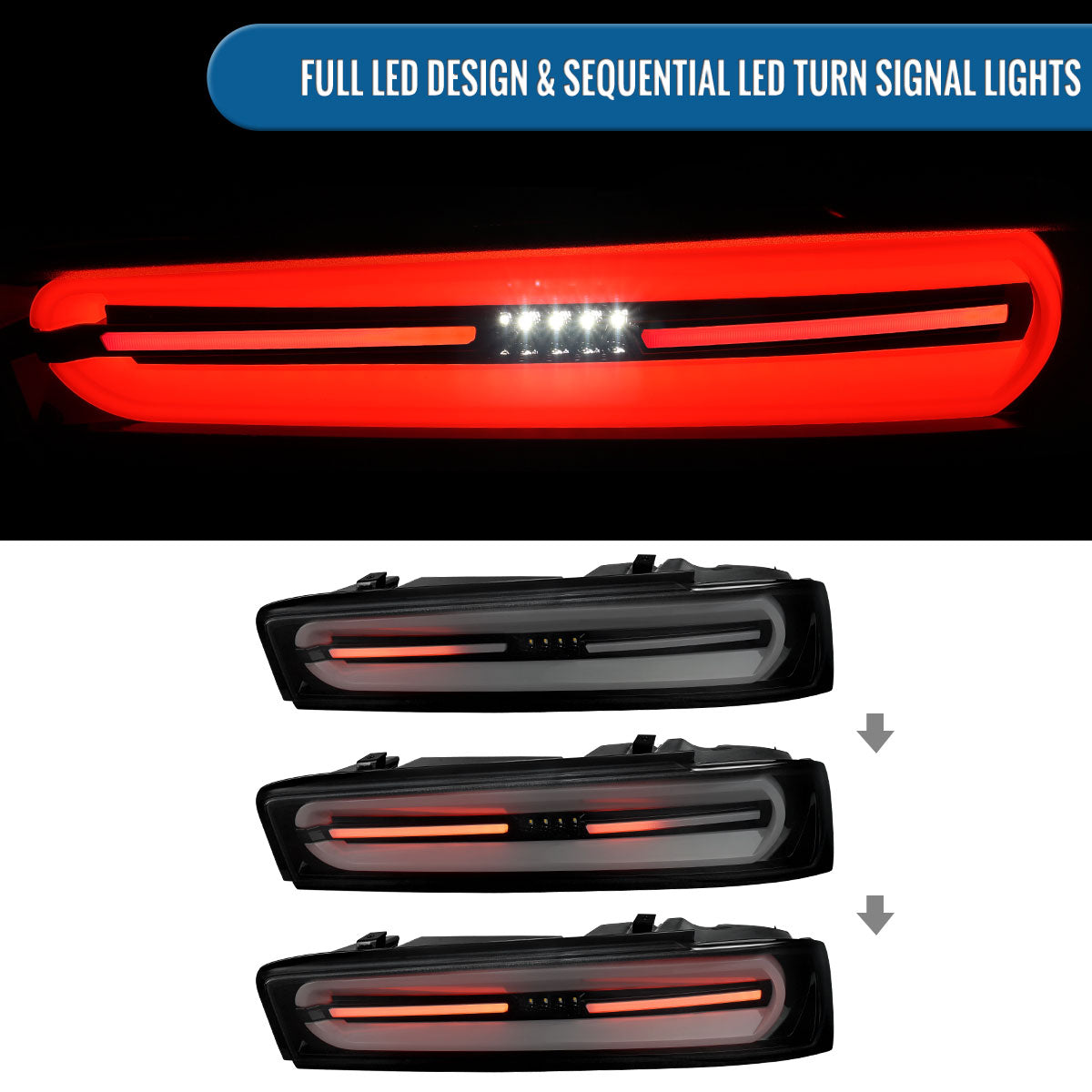 Ronnin - Compatible con Chevy Camaro 2016-2018 Ensamblaje de luces traseras LED estilo secuencial de actualización completa | Par de lentes ahumadas negras