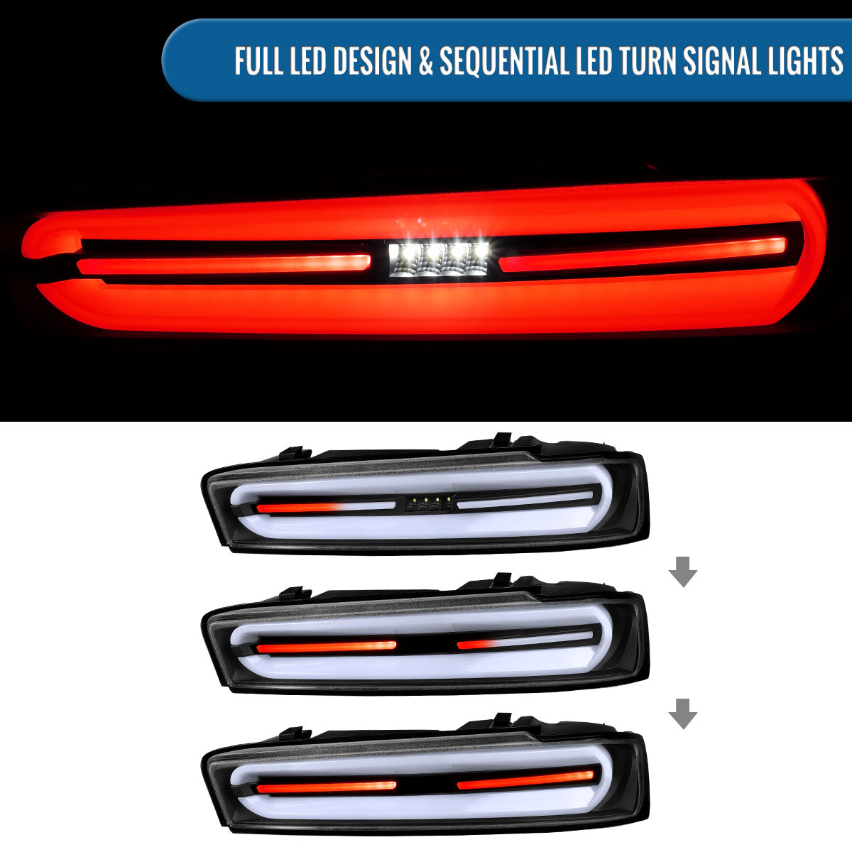 Ronnin - Compatible con Chevy Camaro 2016-2018. Conjunto de luces traseras estilo LED completo con intermitentes secuenciales, par | Negro | Tubo blanco
