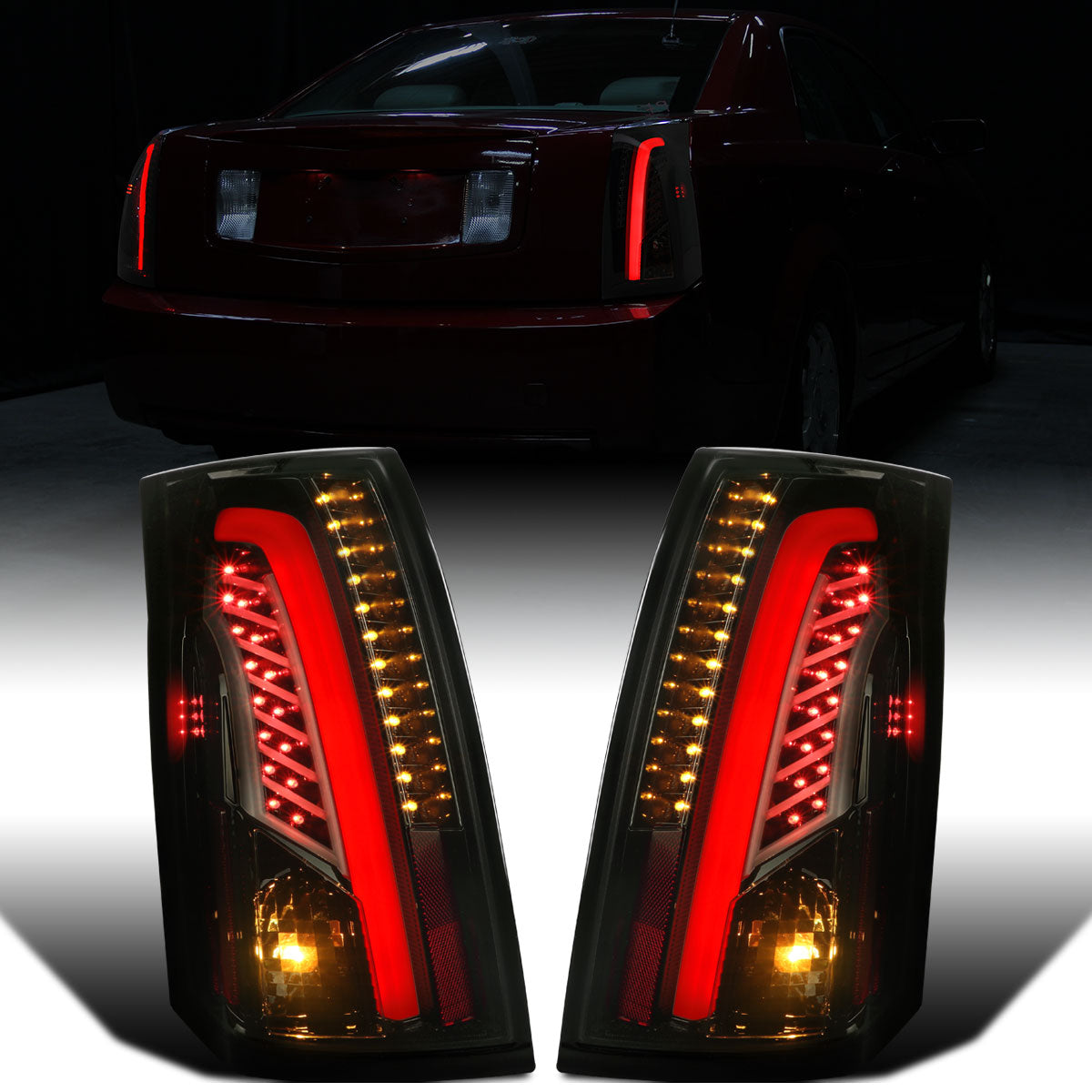 Ronnin - Fits 2003-2007 Cadillac CTS Upgrade Replacement LED Tail Lights Assembly Pair | Black Smoke