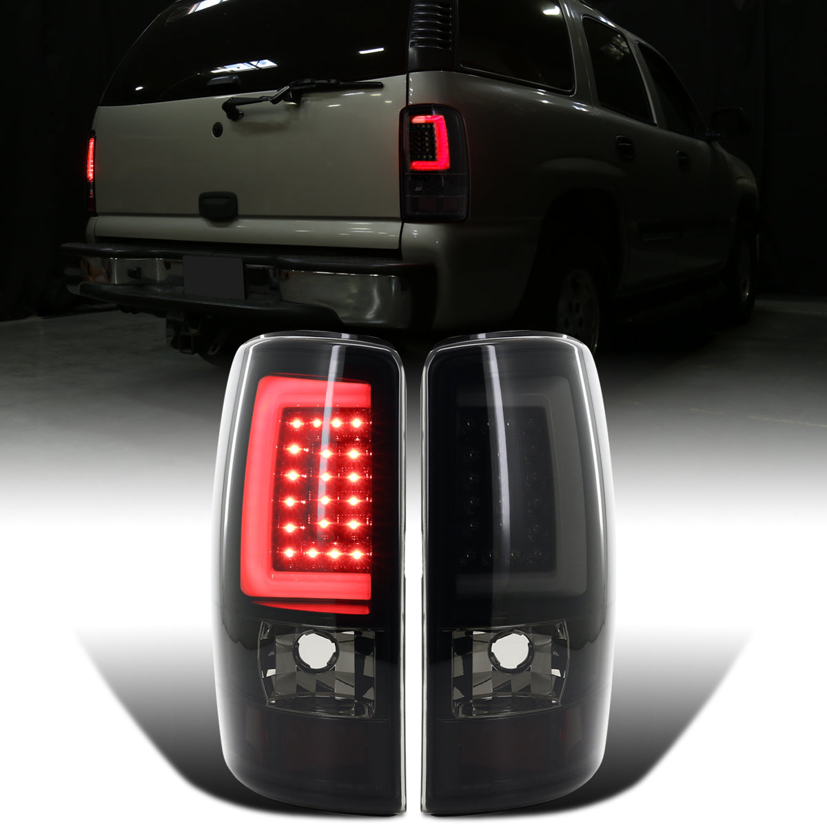 Ronnin - Fits 2000-2006 Chevy Suburban Tahoe GMC Yukon XL Denali Full LED Tail Lights Assembly Pair | Black Smoke