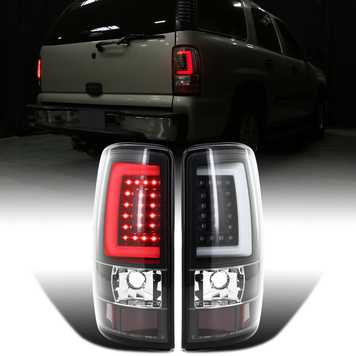 Ronnin - Fits 2000-2006 Chevy Suburban Tahoe GMC Yukon XL Denali Full LED Tail Lights Assembly Pair | Black | White Tube