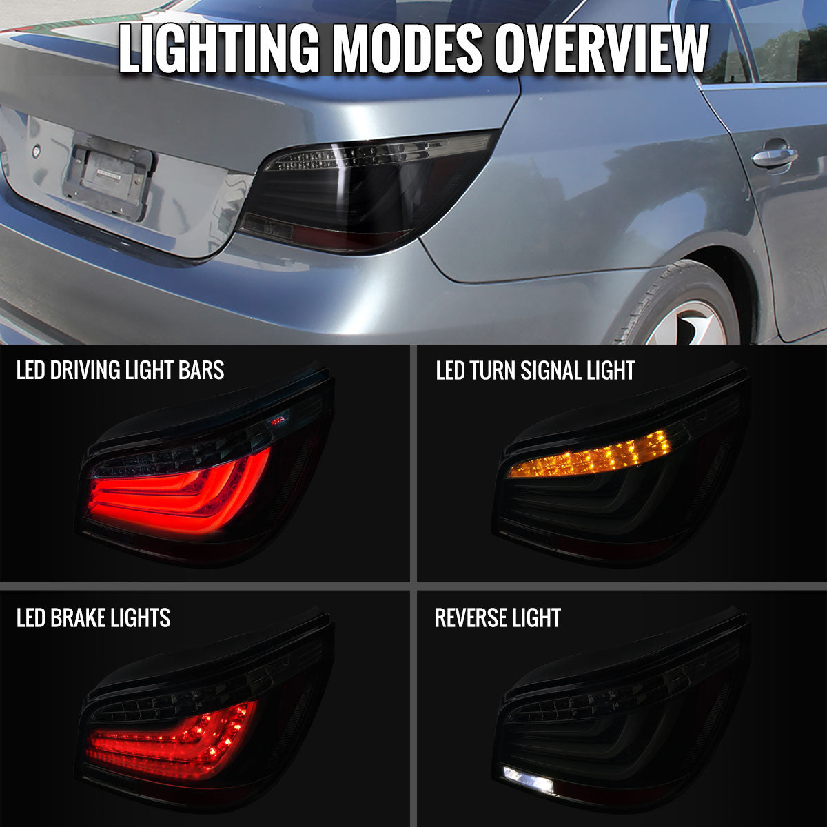 Ronnin - Fits 2008-2010 BMW E60 5-Series Sedan 525i 530i 545i 550i US Spec LED Tail Lights Upgrade Assembly Pair | Black Smoke