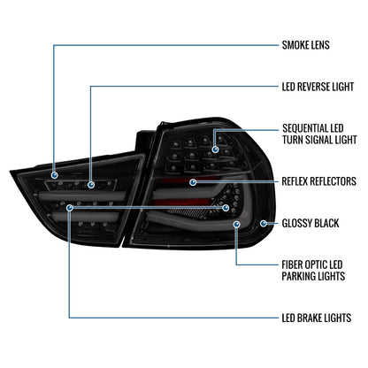 Ronnin - Fits 2009-2011 BMW E90 3-Series 325i 328i 330i Upgraded Replacement LED Tube Driving Lights Sequential Turn Signals Tail Lamps Assembly Pair | Black Smoke
