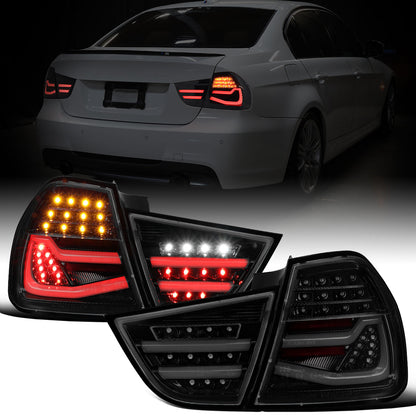 Ronnin - Fits 2009-2011 BMW E90 3-Series 325i 328i 330i Upgraded Replacement LED Tube Driving Lights Sequential Turn Signals Tail Lamps Assembly Pair | Black Smoke
