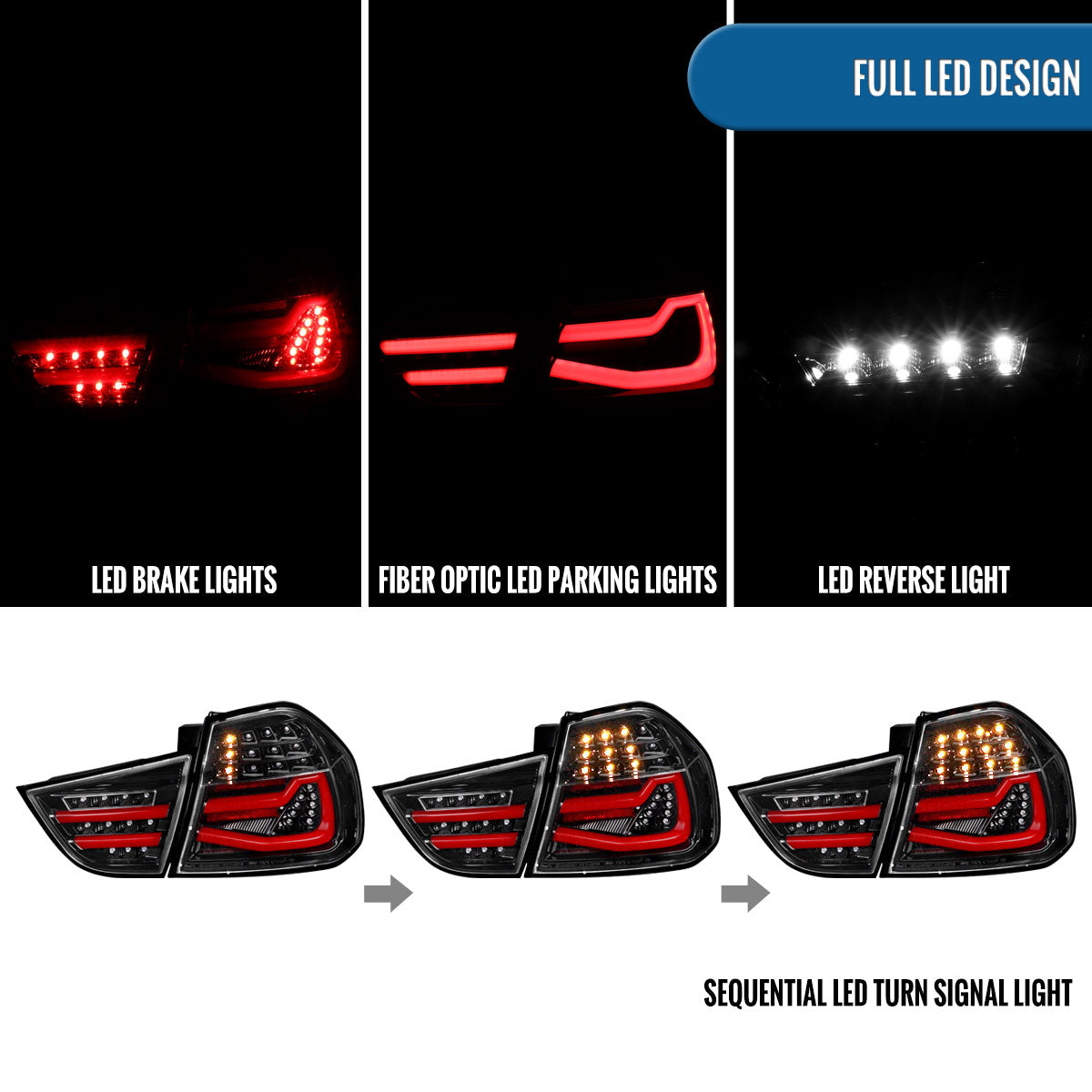 Ronnin - Fits 2009-2011 BMW E90 3-Series 325i 328i 330i Upgraded Replacement LED Tube Driving Lights Sequential Turn Signals Tail Lamps Assembly Pair | Gloss Black