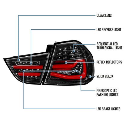 Ronnin - Fits 2009-2011 BMW E90 3-Series 325i 328i 330i Upgraded Replacement LED Tube Driving Lights Sequential Turn Signals Tail Lamps Assembly Pair | Gloss Black