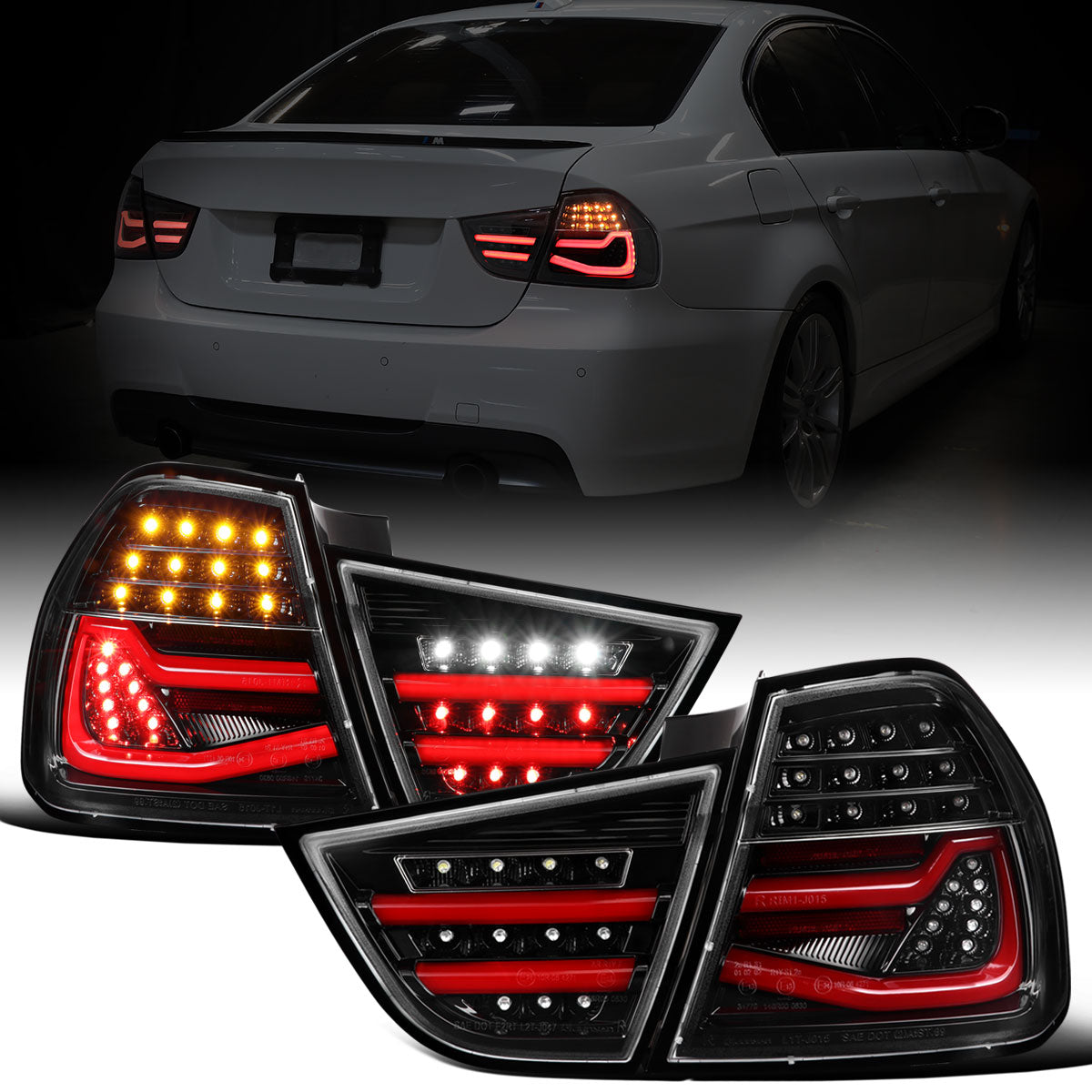 Ronnin - Fits 2009-2011 BMW E90 3-Series 325i 328i 330i Upgraded Replacement LED Tube Driving Lights Sequential Turn Signals Tail Lamps Assembly Pair | Gloss Black