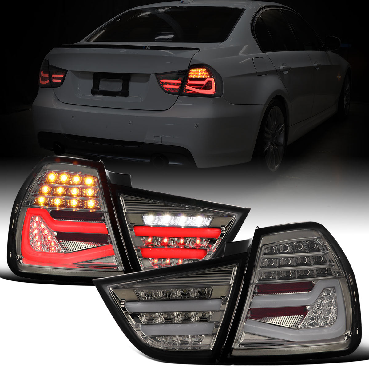 Ronnin - Fits 2009-2011 BMW E90 3-Series 325i 328i 330i Upgraded Replacement LED Tube Driving Lights Sequential Turn Signals Tail Lamps Assembly Pair | Smoke