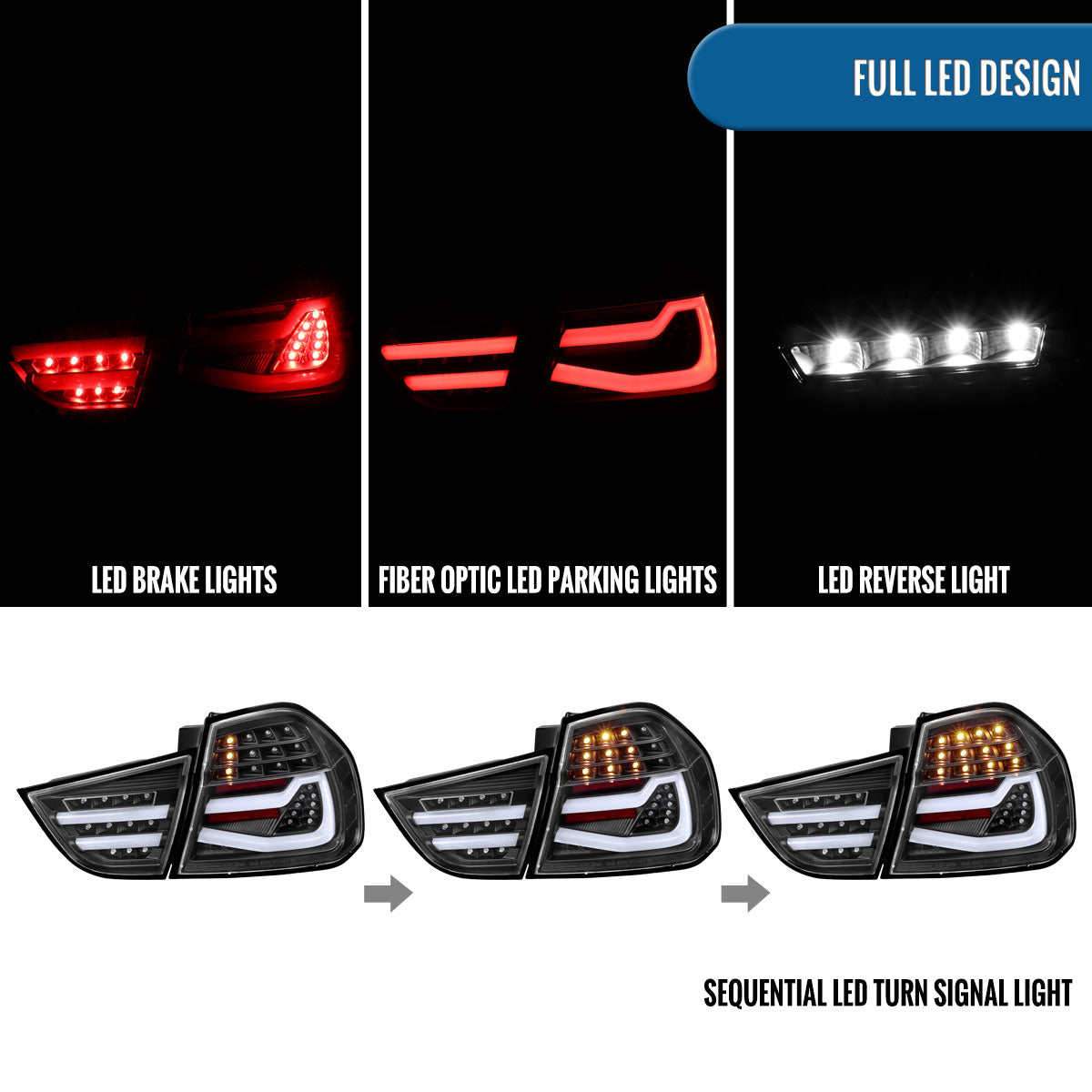 2009-2011 BMW E90 3-Series 325i 328i 330i Upgraded Replacement LED Tube Driving Lights Sequential Turn Signals Tail Lamps Assembly Pair | Black