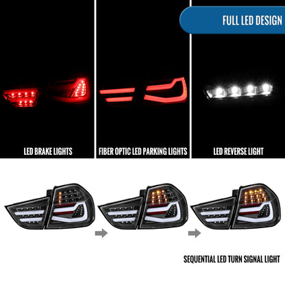 2009-2011 BMW E90 3-Series 325i 328i 330i Upgraded Replacement LED Tube Driving Lights Sequential Turn Signals Tail Lamps Assembly Pair | Black