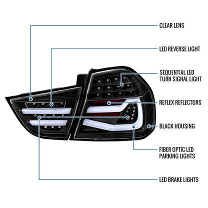 Ronnin - Fits 2009-2011 BMW E90 3-Series 325i 328i 330i Upgraded Replacement LED Tube Driving Lights Sequential Turn Signals Tail Lamps Assembly Pair | Black