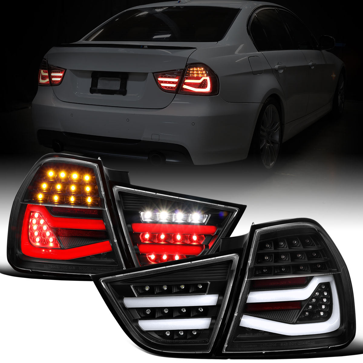 2009-2011 BMW E90 3-Series 325i 328i 330i Upgraded Replacement LED Tube Driving Lights Sequential Turn Signals Tail Lamps Assembly Pair | Black