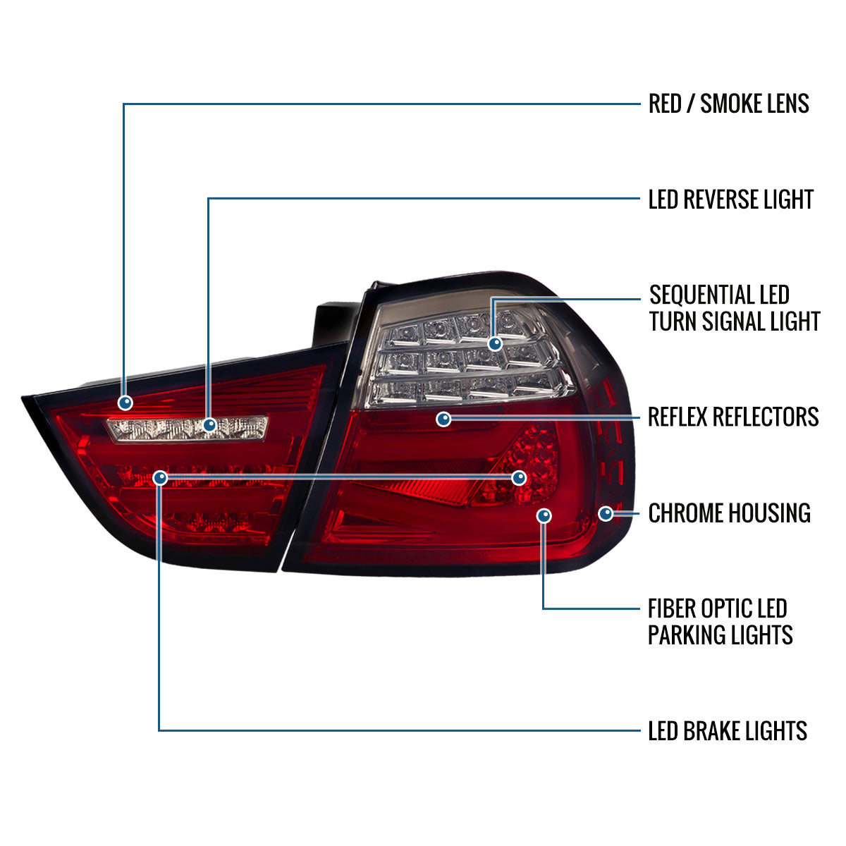 Ronnin - Fits 2009-2011 BMW E90 3-Series 325i 328i 330i Upgraded Replacement LED Tube Driving Lights Sequential Turn Signals Tail Lamps Assembly Pair | Smoke/Red