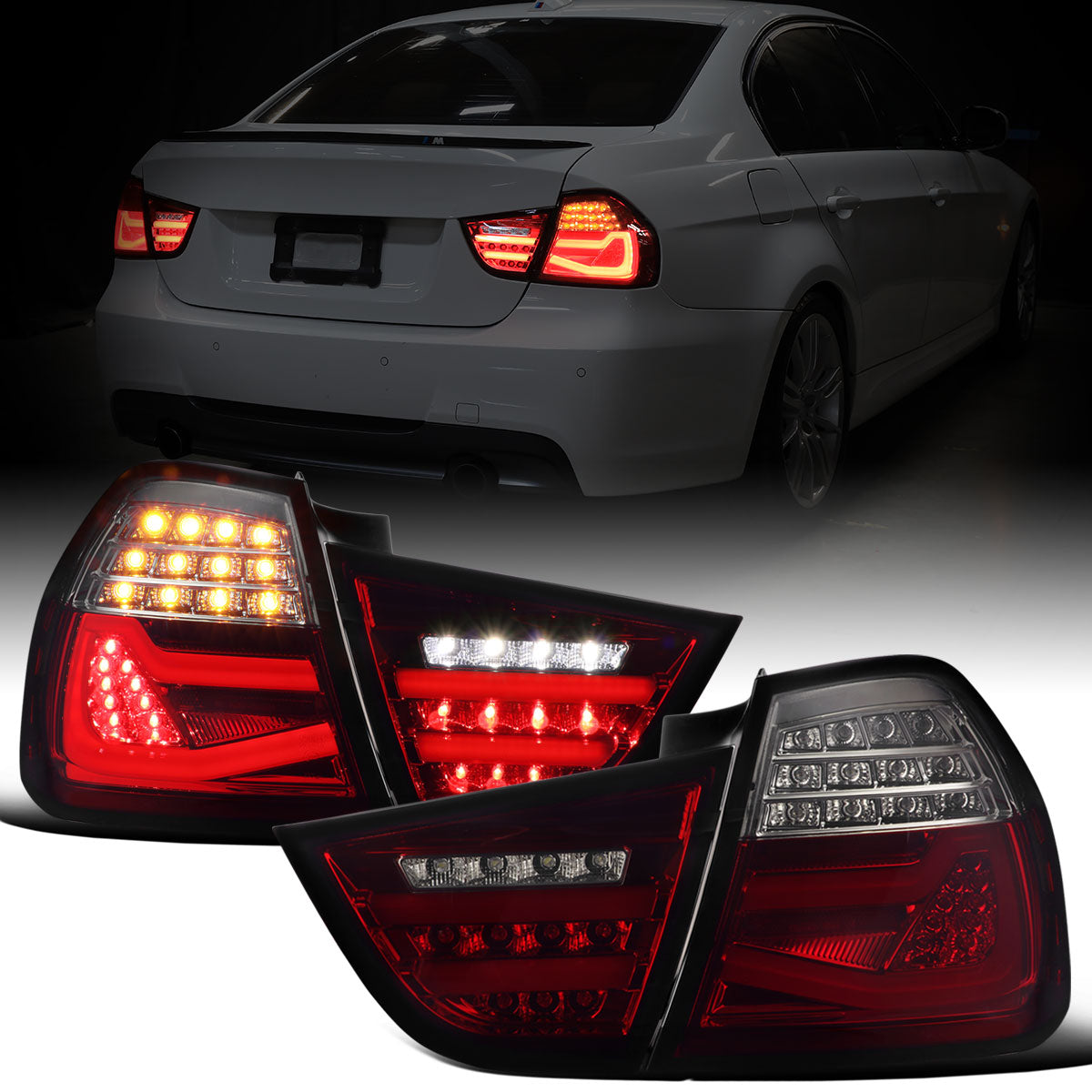 Ronnin - Fits 2009-2011 BMW E90 3-Series 325i 328i 330i Upgraded Replacement LED Tube Driving Lights Sequential Turn Signals Tail Lamps Assembly Pair | Smoke/Red