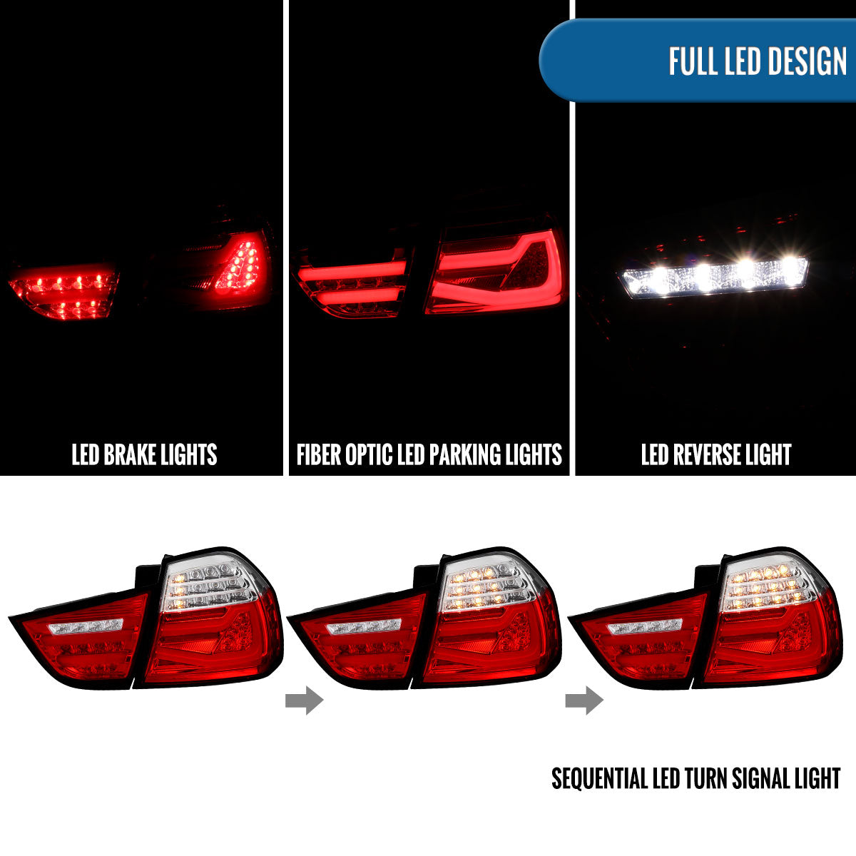 Ronnin - Fits 2009-2011 BMW E90 3-Series 325i 328i 330i Upgraded Replacement LED Tube Driving Lights Sequential Turn Signals Tail Lamps Assembly Pair | Red