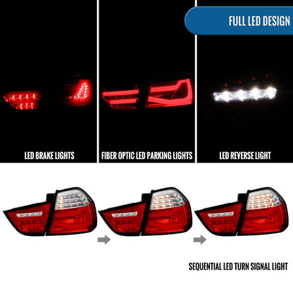 Ronnin - Fits 2009-2011 BMW E90 3-Series 325i 328i 330i Upgraded Replacement LED Tube Driving Lights Sequential Turn Signals Tail Lamps Assembly Pair | Red