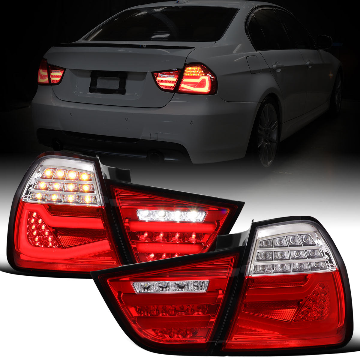 Ronnin - Fits 2009-2011 BMW E90 3-Series 325i 328i 330i Upgraded Replacement LED Tube Driving Lights Sequential Turn Signals Tail Lamps Assembly Pair | Red