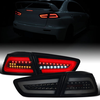 Ronnin - Fits 2008-2017 Mitsubishi Lancer Evolution Upgraded Replacement FULL LED Tail Lights Assembly | Black Smoke