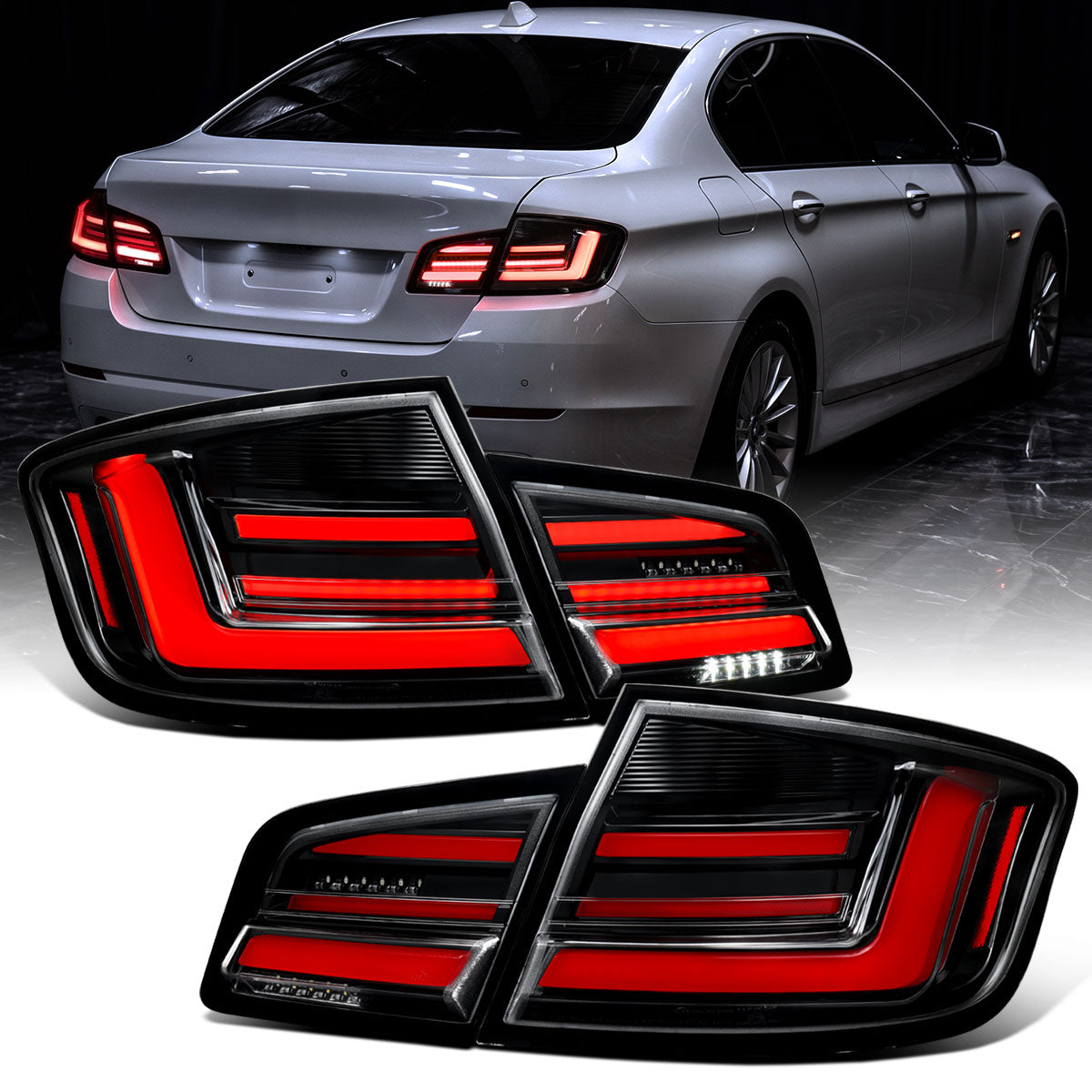 2011-2013 BMW 528i 535i M5 Full LED Sequential Turn Signal Tail Lights Pair | Gloss Black