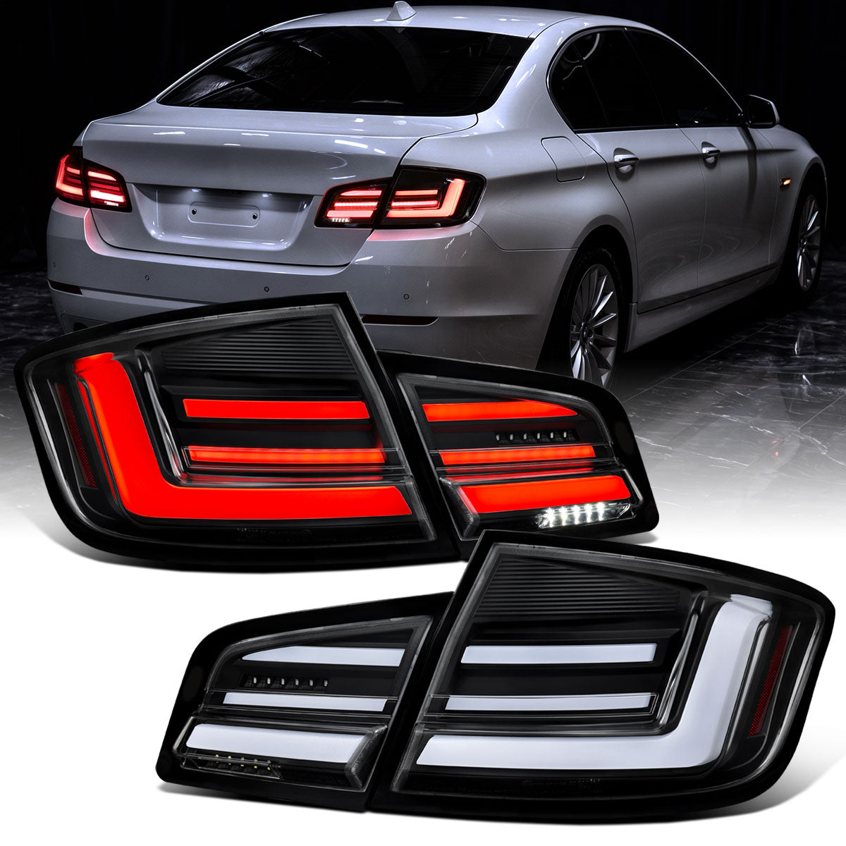 2011-2013 BMW 528i 535i M5 Full LED Sequential Turn Signal Tail Lights Pair | Black