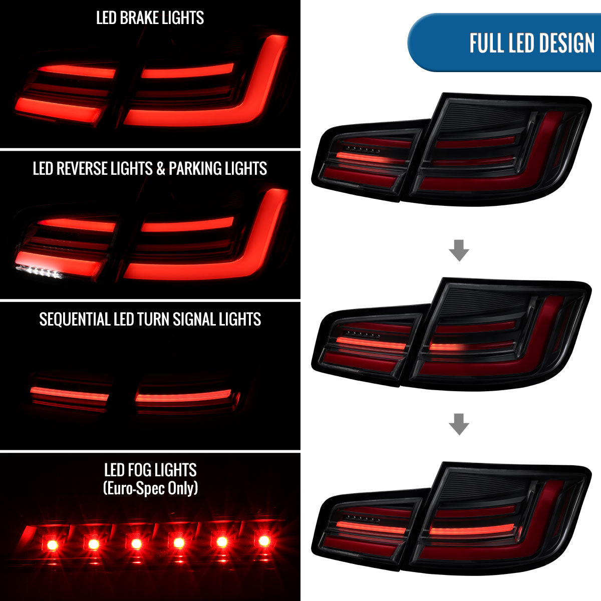 2011-2013 BMW 528i 535i M5 Full LED Sequential Turn Signal Tail Lights Pair | Black Smoke
