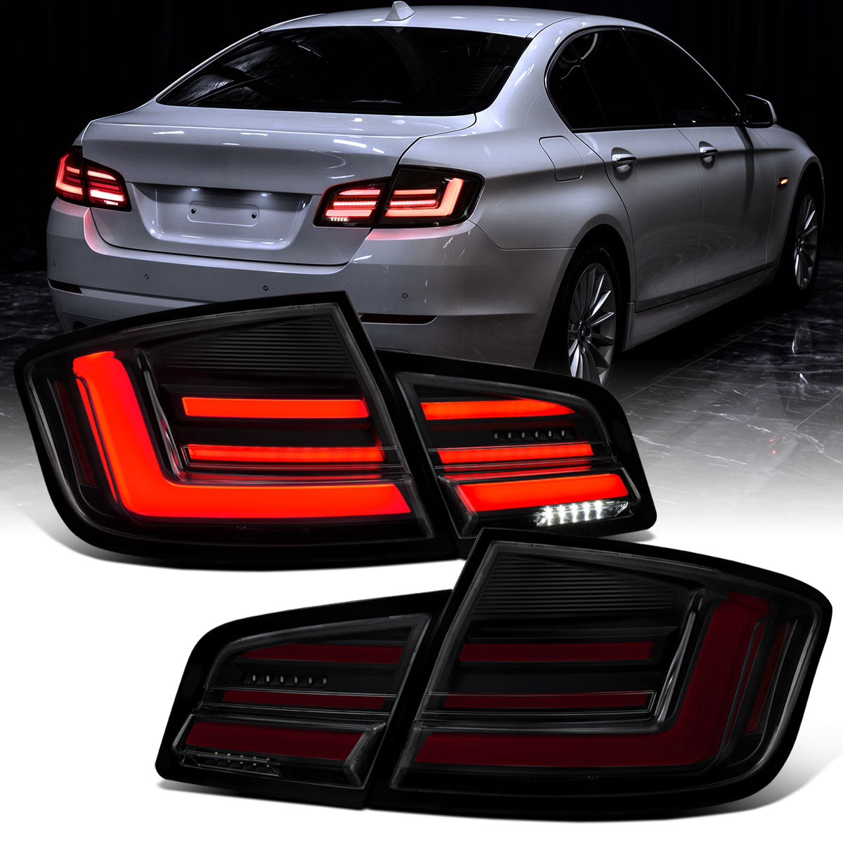 2011-2013 BMW 528i 535i M5 Full LED Sequential Turn Signal Tail Lights Pair | Black Smoke
