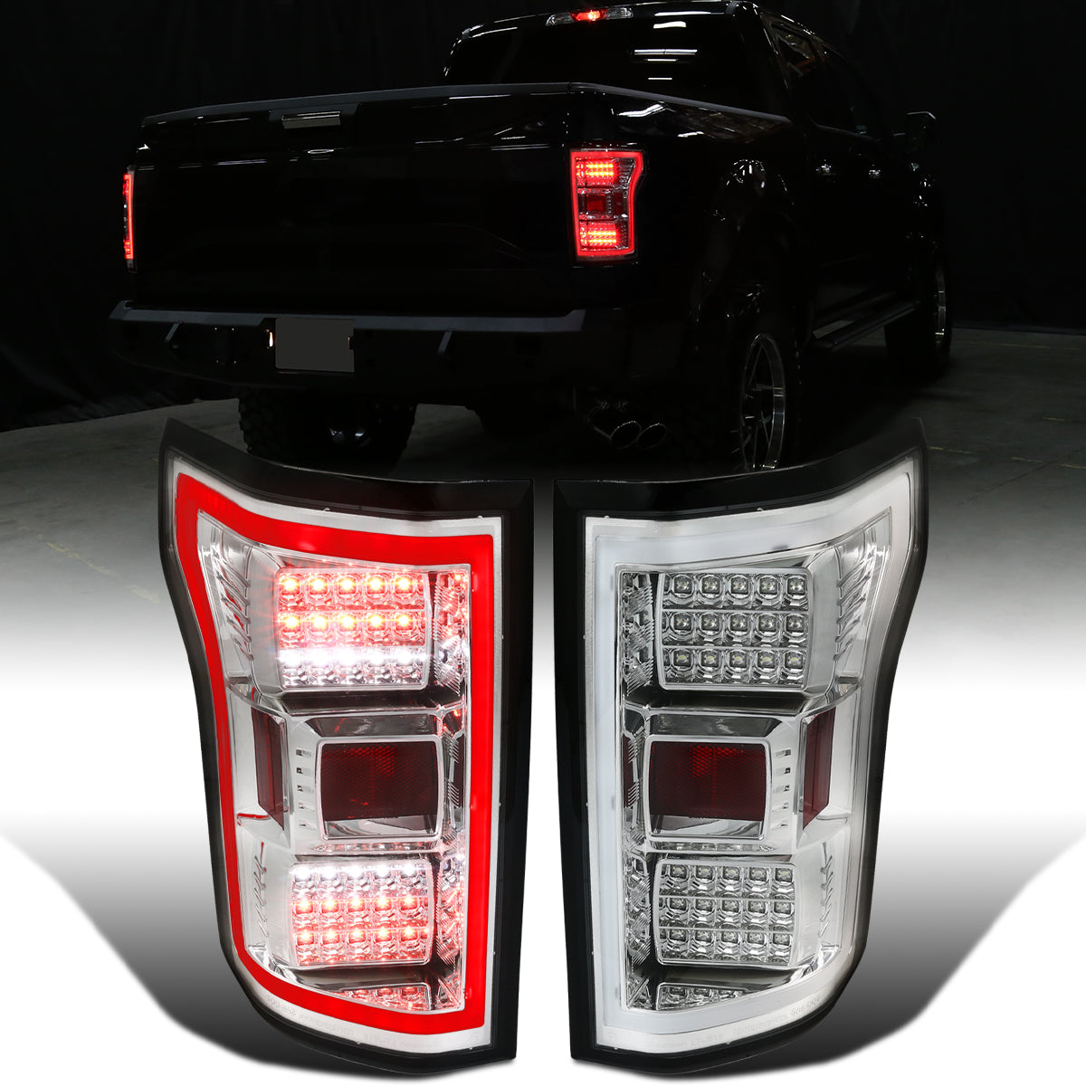 Ronnin - Fits 2015-2017 Ford F150 Upgraded Full LED Tail Lights Assembly Pair | Chrome | White Tube