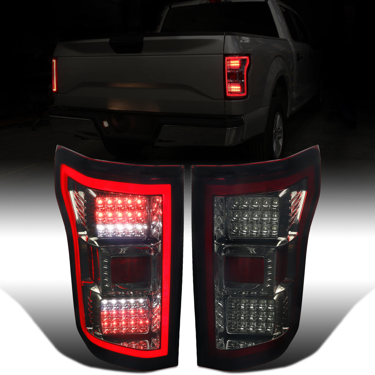 Ronnin - Fits 2018-2020 Ford F150 Replacement Full LED Tail Lights Assembly Pair | Red Smoke