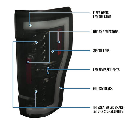 Ronnin - Fits 2017-2019 Ford F250 F350 F450 F550 Super Duty Upgraded Full LED Tail Lights Integrated Brake + Turn Signal Assembly Pair | Black Smoke