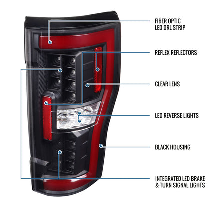 Ronnin - Fits 2017-2019 Ford F250 F350 F450 F550 Super Duty Upgraded Full LED Tail Lights Integrated Brake + Turn Signal Assembly Pair | Black