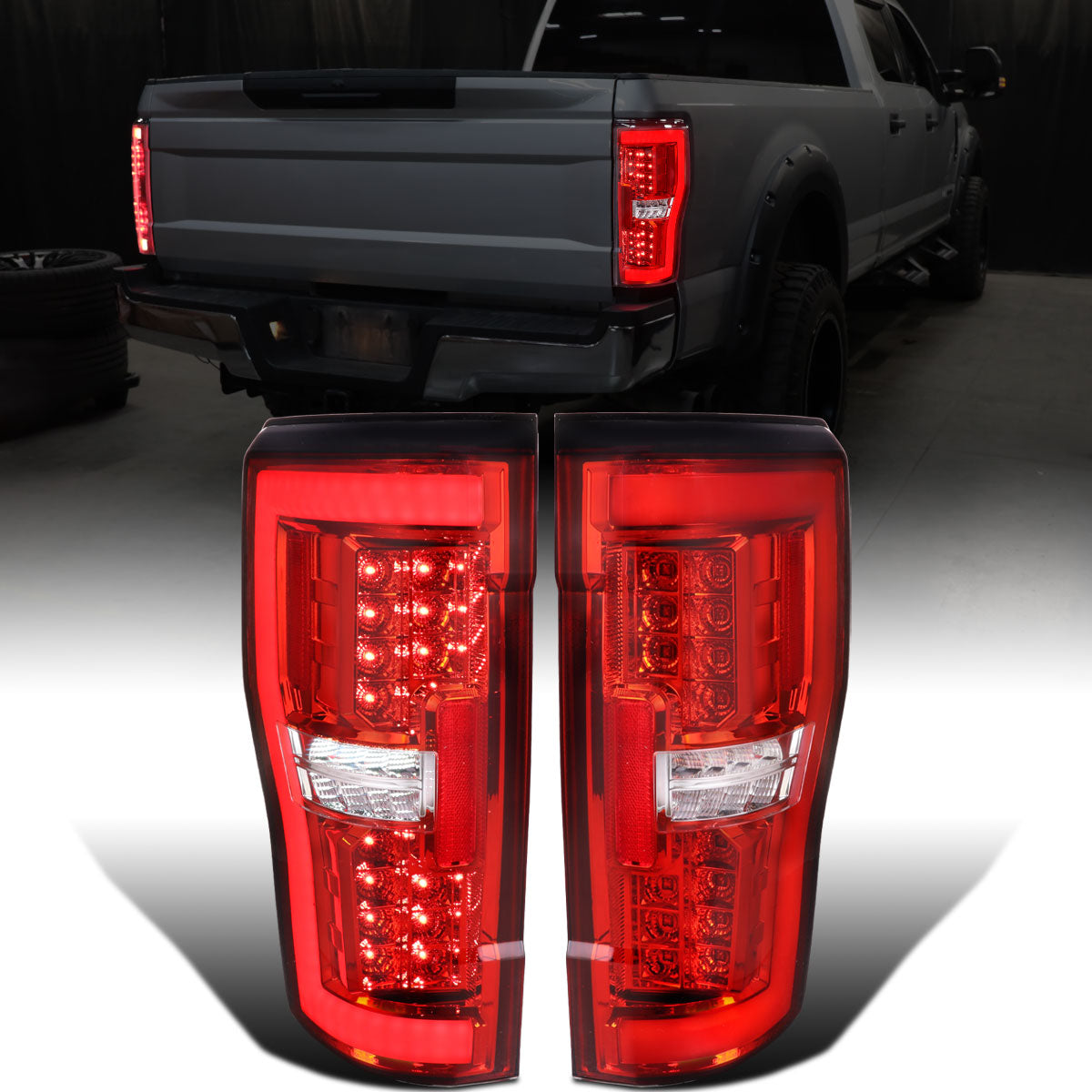 Ronnin - Fits 2017-2019 Ford F250 F350 F450 F550 Super Duty Upgraded Full LED Tail Lights Integrated Brake + Turn Signal Assembly Pair | Red