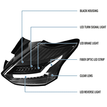 Ronnin - Fits 2015-2018 Ford Focus Hatchback US Spec Upgraded Full LED Tail Lights Assembly Pair | Black