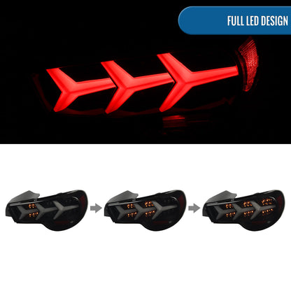 2013-2016 Scion FR-S Subaru BRZ Full LED Y-Shaped Running Tube Sequential Turn Signals Tail Lights Assembly Pair | Black Smoke