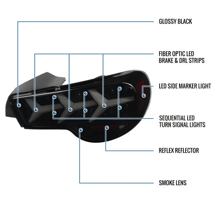 2013-2016 Scion FR-S Subaru BRZ Full LED Y-Shaped Running Tube Sequential Turn Signals Tail Lights Assembly Pair | Black Smoke