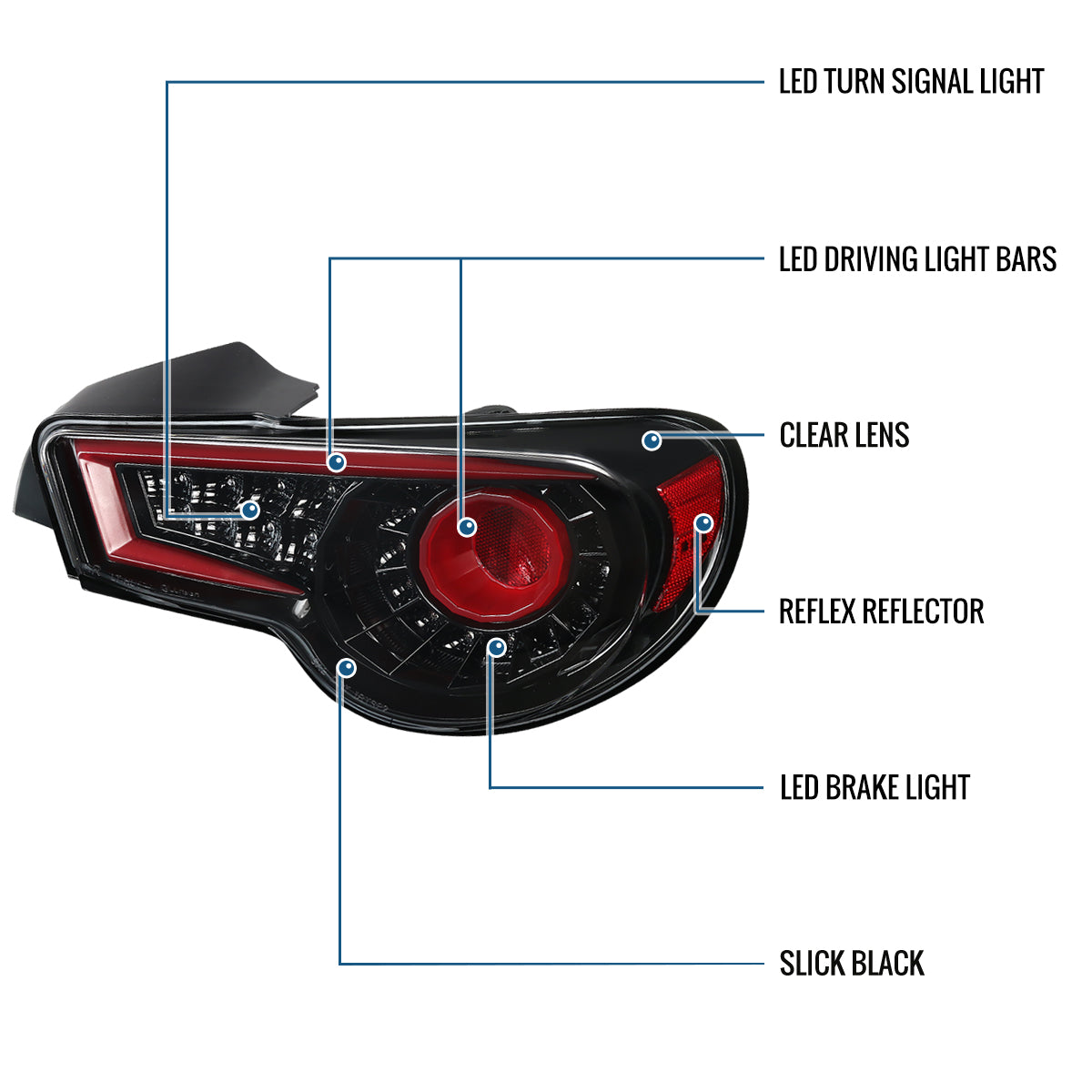 Ronnin - Compatible con Scion FR-S 2013-2016 Subaru BRZ | Luces Traseras LED Completas con Tubo de Fibra Óptica | Par | Negro Brillante