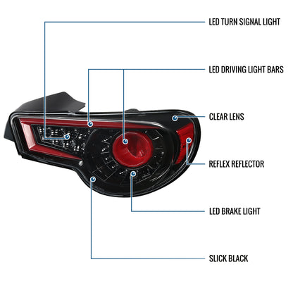 Ronnin - Compatible con Scion FR-S 2013-2016 Subaru BRZ | Luces Traseras LED Completas con Tubo de Fibra Óptica | Par | Negro Brillante
