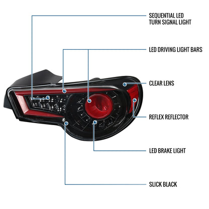Ronnin - Se adapta a Scion FR-S Subaru BRZ 2013-2016 Luces traseras LED completas con intermitentes secuenciales par | Negro Brillante
