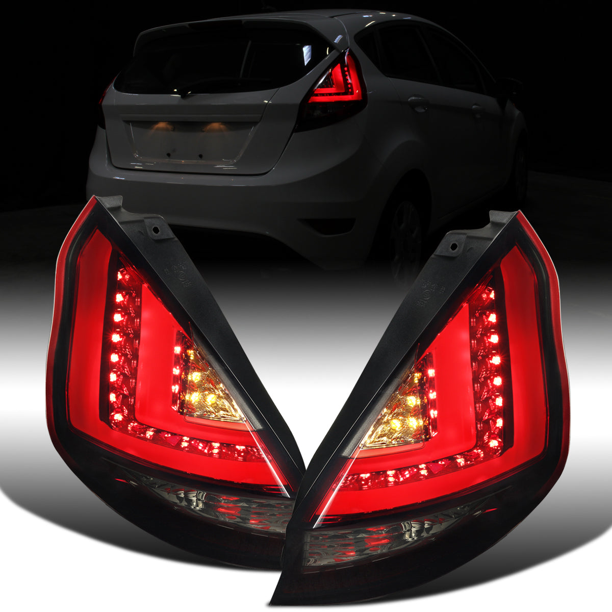 Ronnin - Se adapta a la Ford Fiesta 2011-2013 Hatchback US Spec Luces traseras LED completas Ensamblaje de reemplazo mejorado Par | Rojo Ahumado