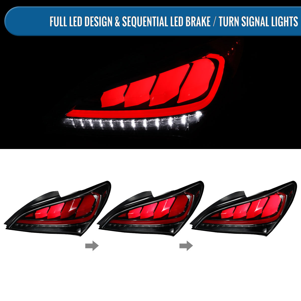 Ronnin - Compatible con Hyundai Genesis 2010-2016, mejora de luces traseras con señal de giro secuencial LED completa, par | Negro Brillante