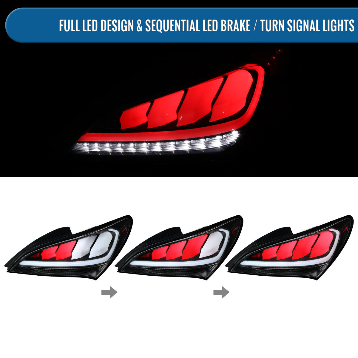 Ronnin - Compatible con Hyundai Genesis 2010-2016 Mejora Conjunto de luces traseras de señal de giro secuencial LED completo de reemplazo par | Negro | Tubo blanco