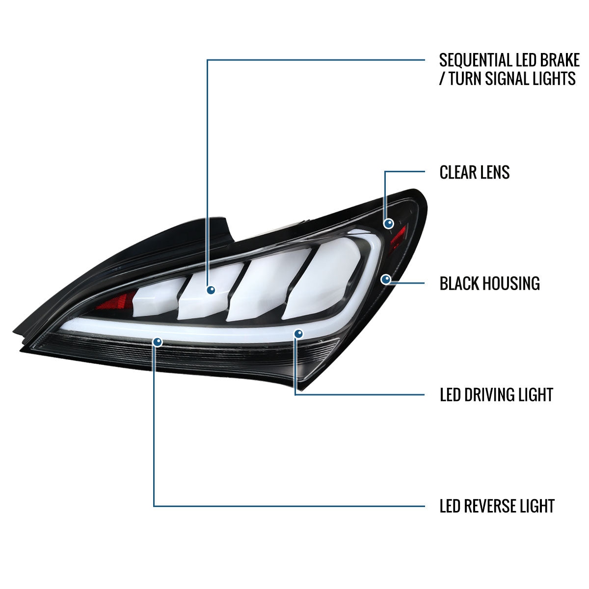 Ronnin - Compatible con Hyundai Genesis 2010-2016 Mejora Conjunto de luces traseras de señal de giro secuencial LED completo de reemplazo par | Negro | Tubo blanco
