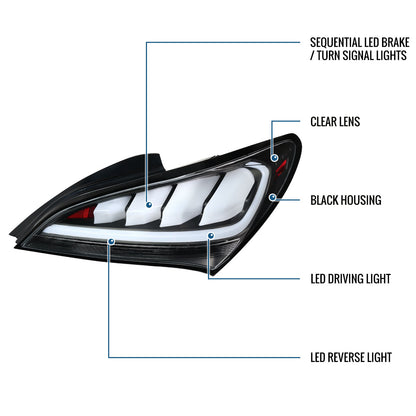 Ronnin - Compatible con Hyundai Genesis 2010-2016 Mejora Conjunto de luces traseras de señal de giro secuencial LED completo de reemplazo par | Negro | Tubo blanco