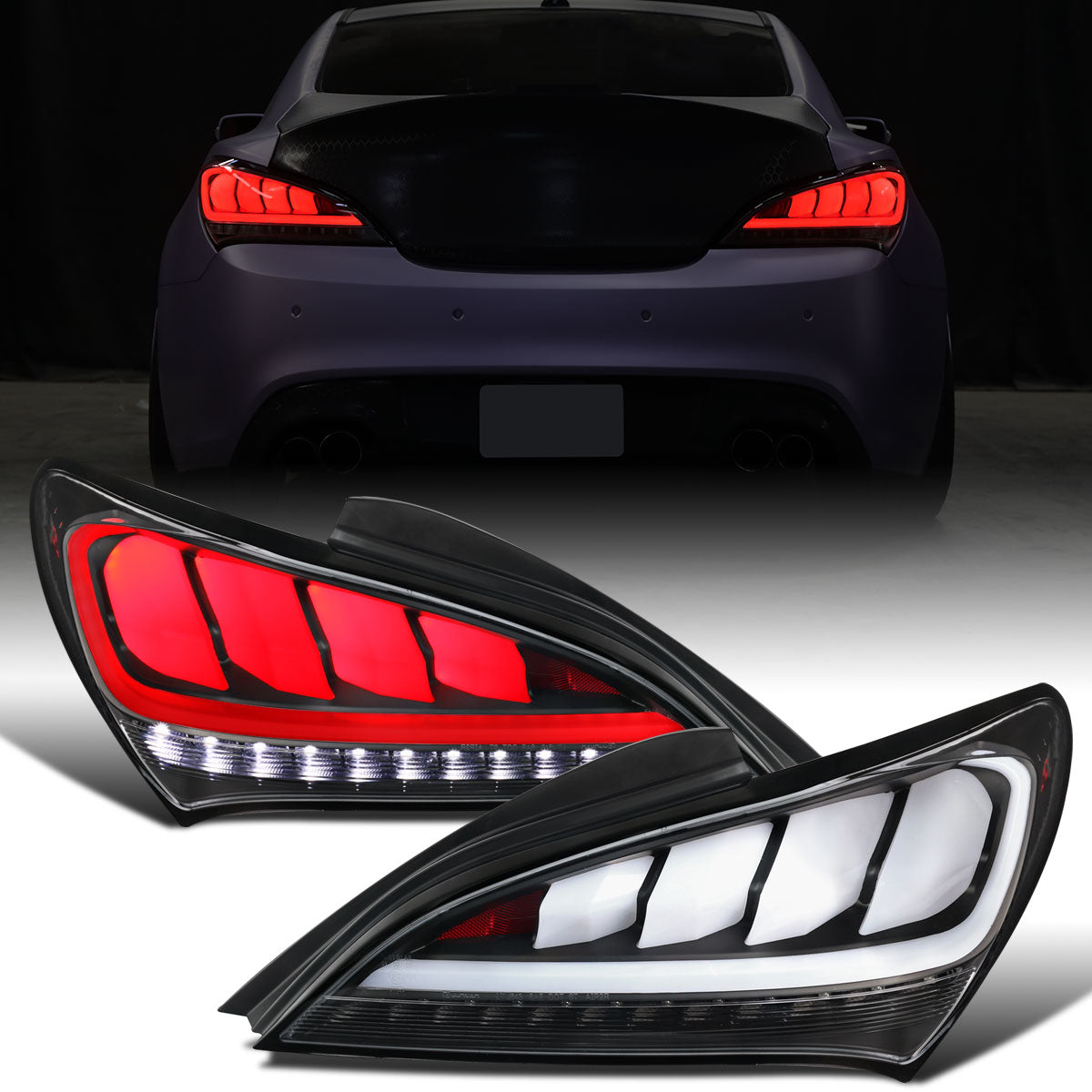 Ronnin - Compatible con Hyundai Genesis 2010-2016 Mejora Conjunto de luces traseras de señal de giro secuencial LED completo de reemplazo par | Negro | Tubo blanco